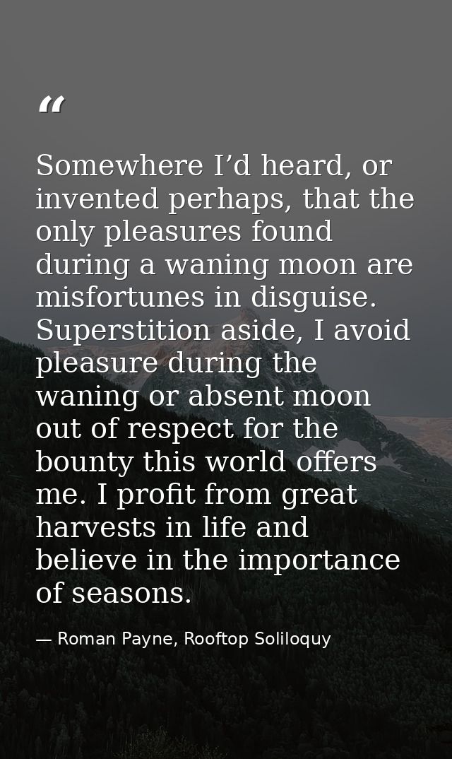 Somewhere I’d heard, or invented perhaps, that the only pleasures found during a waning moon are misfortunes in disguise — Roman Payne, Rooftop Soliloquy