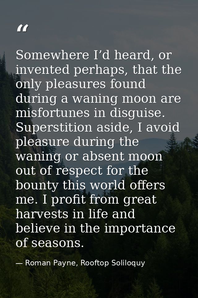 Somewhere I’d heard, or invented perhaps, that the only pleasures found during a waning moon are misfortunes in disguise — Roman Payne, Rooftop Soliloquy