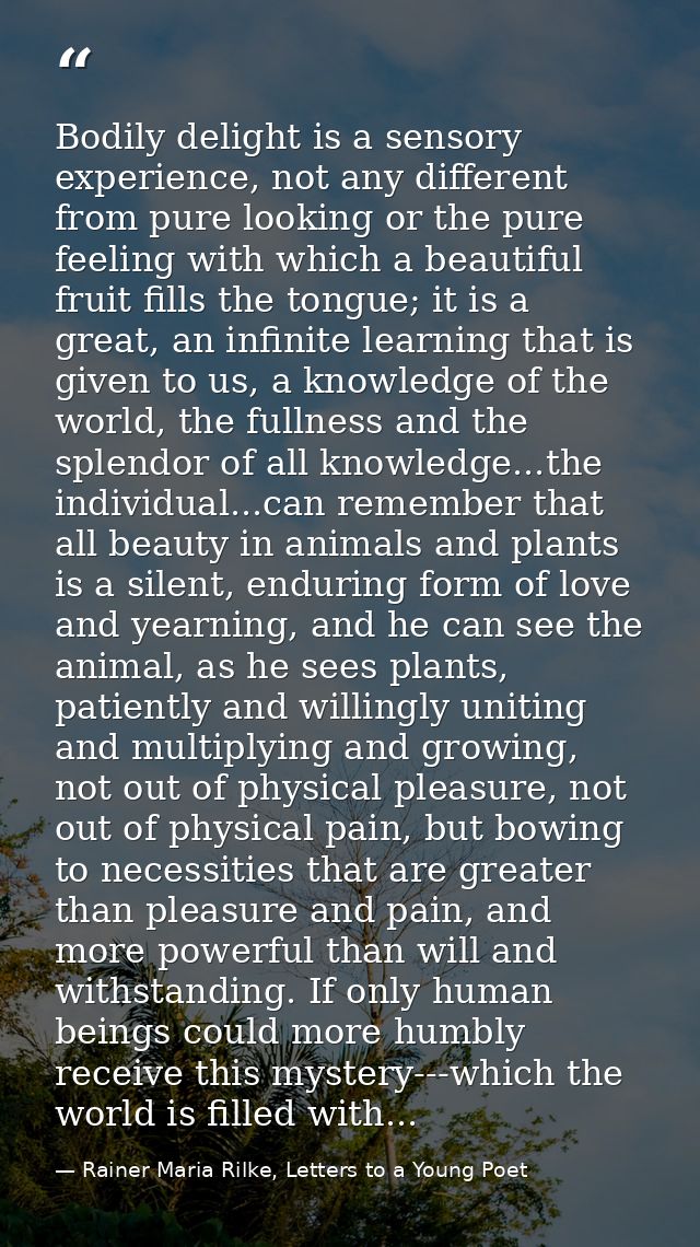 Bodily delight is a sensory experience, not any different from pure looking or the pure feeling with which a beautiful f — Rainer Maria Rilke, Letters to a Young Poet