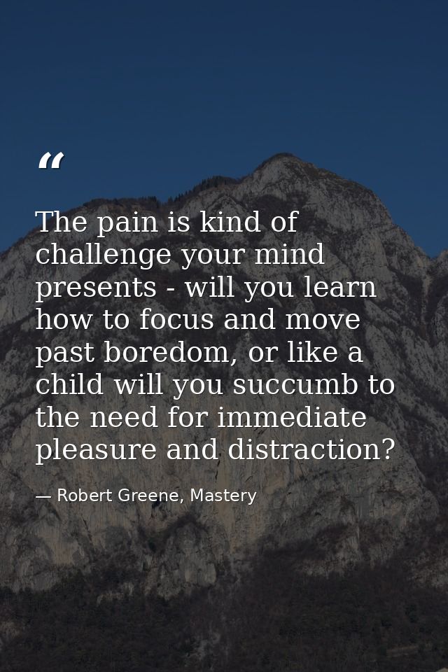 The pain is kind of challenge your mind presents - will you learn how to focus and move past boredom, or like a child wi — Robert Greene, Mastery