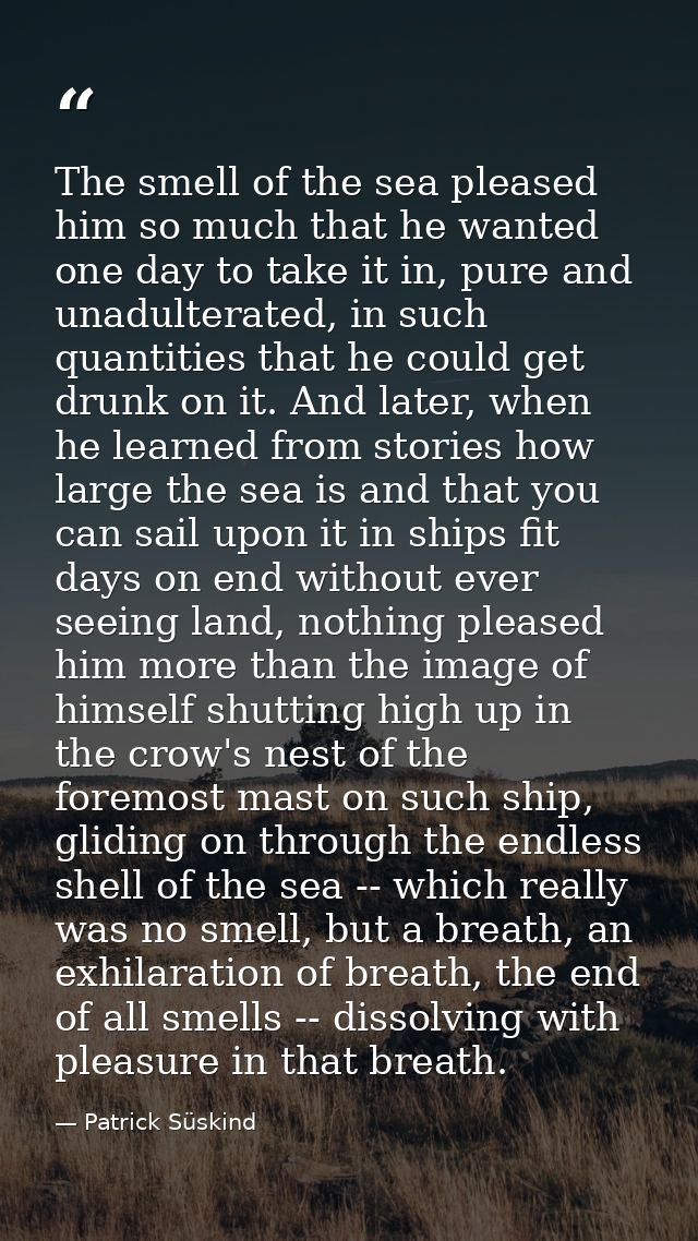 The smell of the sea pleased him so much that he wanted one day to take it in, pure and unadulterated, in such quantitie — Patrick Süskind