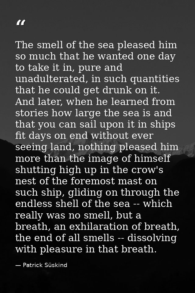 The smell of the sea pleased him so much that he wanted one day to take it in, pure and unadulterated, in such quantitie — Patrick Süskind