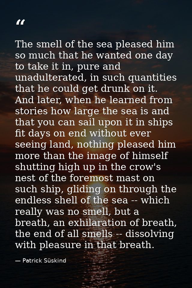 The smell of the sea pleased him so much that he wanted one day to take it in, pure and unadulterated, in such quantitie — Patrick Süskind