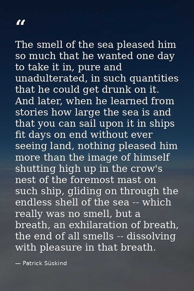 The smell of the sea pleased him so much that he wanted one day to take it in, pure and unadulterated, in such quantitie — Patrick Süskind