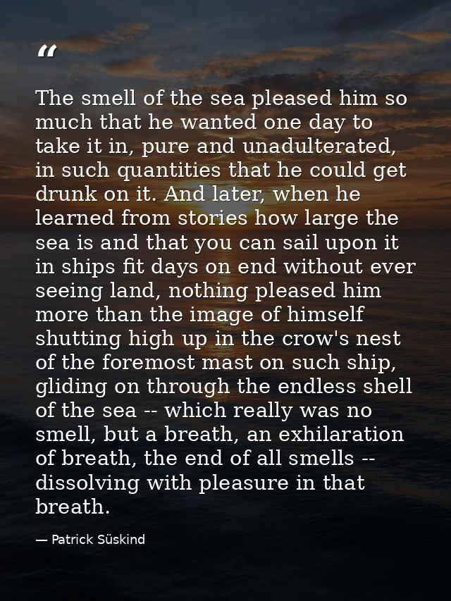 The smell of the sea pleased him so much that he wanted one day to take it in, pure and unadulterated, in such quantitie — Patrick Süskind
