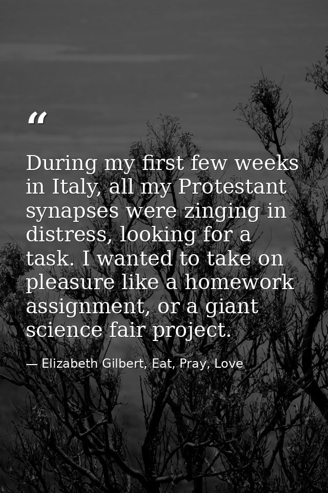 During my first few weeks in Italy, all my Protestant synapses were zinging in distress, looking for a task. I wanted to — Elizabeth Gilbert, Eat, Pray, Love
