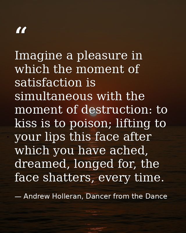 Imagine a pleasure in which the moment of satisfaction is simultaneous with the moment of destruction: to kiss is to poi — Andrew Holleran, Dancer from the Dance