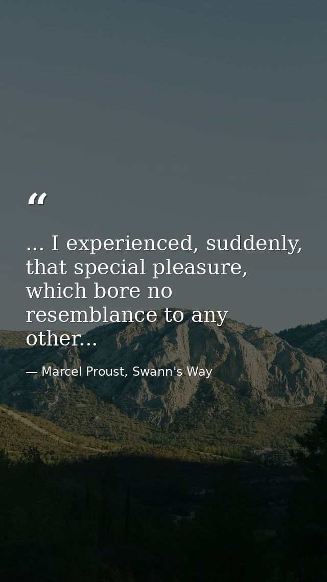 ... I experienced, suddenly, that special pleasure, which bore no resemblance to any other... — Marcel Proust, Swann's Way
