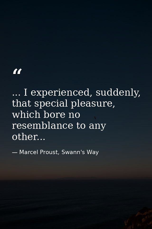 ... I experienced, suddenly, that special pleasure, which bore no resemblance to any other... — Marcel Proust, Swann's Way