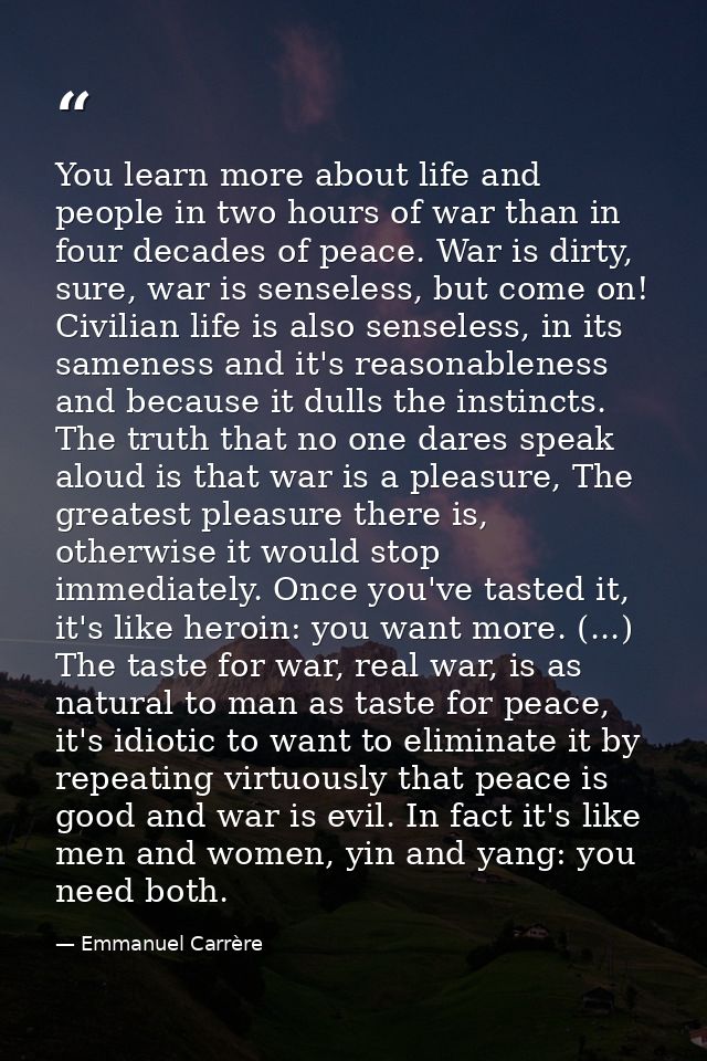 You learn more about life and people in two hours of war than in four decades of peace. War is dirty, sure, war is sense — Emmanuel Carrère