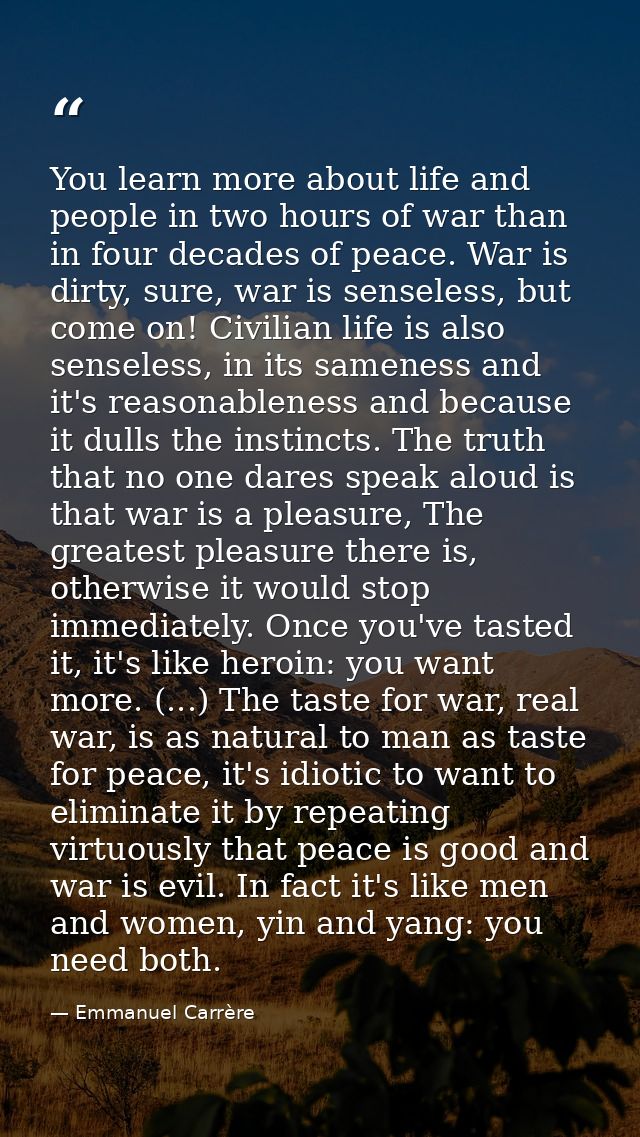 You learn more about life and people in two hours of war than in four decades of peace. War is dirty, sure, war is sense — Emmanuel Carrère