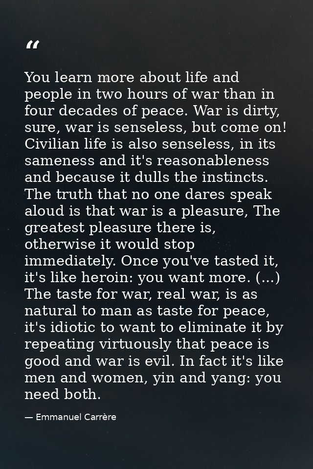 You learn more about life and people in two hours of war than in four decades of peace. War is dirty, sure, war is sense — Emmanuel Carrère