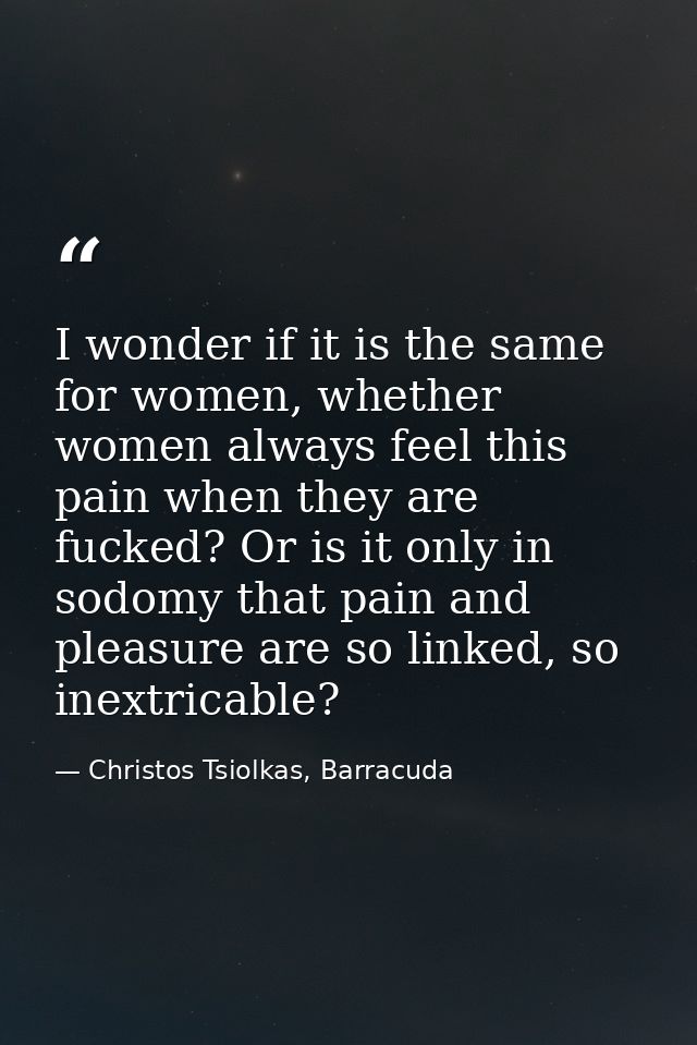 I wonder if it is the same for women, whether women always feel this pain when they are fucked? Or is it only in sodomy  — Christos Tsiolkas, Barracuda