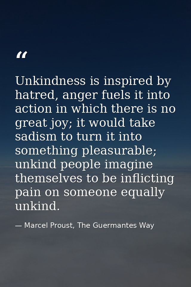 Unkindness is inspired by hatred, anger fuels it into action in which there is no great joy; it would take sadism to tur — Marcel Proust, The Guermantes Way
