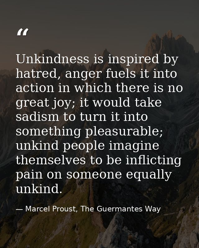 Unkindness is inspired by hatred, anger fuels it into action in which there is no great joy; it would take sadism to tur — Marcel Proust, The Guermantes Way