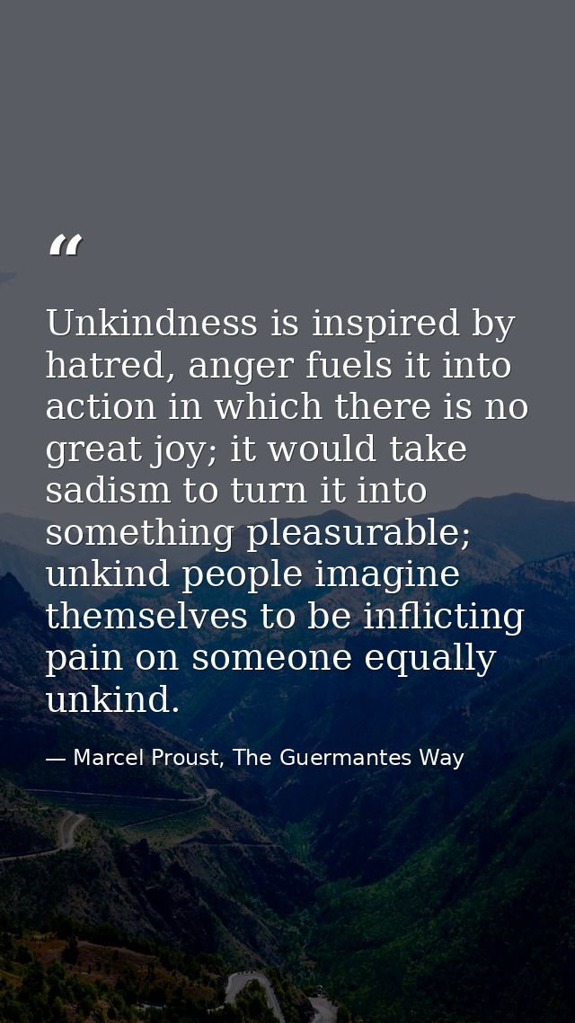 Unkindness is inspired by hatred, anger fuels it into action in which there is no great joy; it would take sadism to tur — Marcel Proust, The Guermantes Way