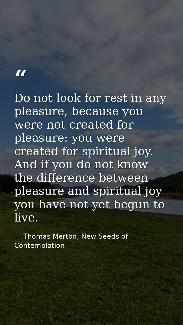 Do not look for rest in any pleasure, because you were not created for pleasure: you were created for spiritual joy. And — Thomas Merton, New Seeds of Contemplation