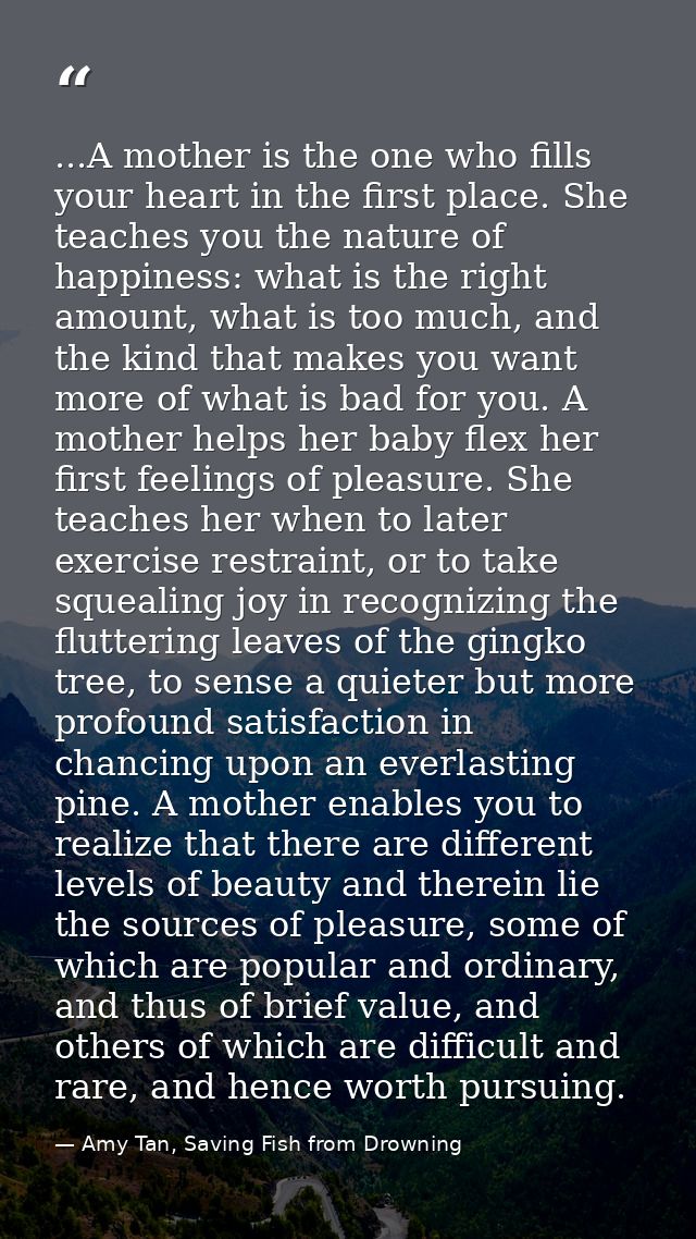 ...A mother is the one who fills your heart in the first place. She teaches you the nature of happiness: what is the rig — Amy Tan, Saving Fish from Drowning