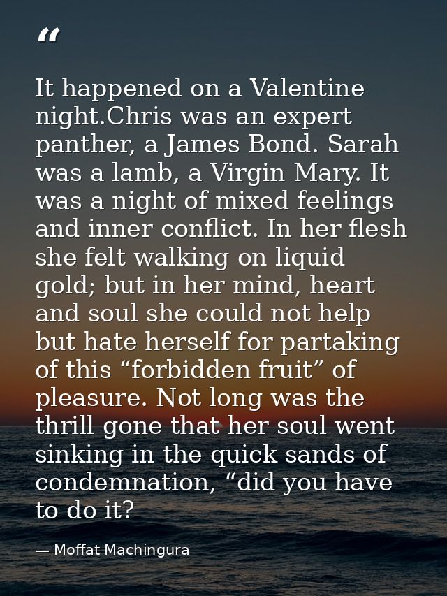 It happened on a Valentine night.Chris was an expert panther, a James Bond. Sarah was a lamb, a Virgin Mary. It was a ni — Moffat Machingura