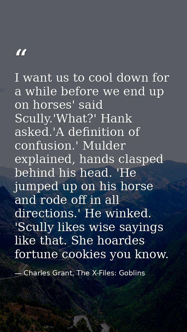 I want us to cool down for a while before we end up on horses' said Scully.'What?' Hank asked.'A definition of confusion — Charles Grant, The X-Files: Goblins