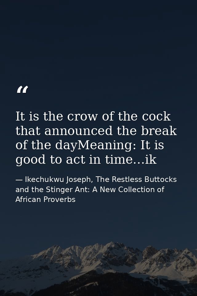 It is the crow of the cock that announced the break of the dayMeaning: It is good to act in time…ik — Ikechukwu Joseph, The Restless Buttocks and the Stinger Ant: A New Collection of African Proverbs