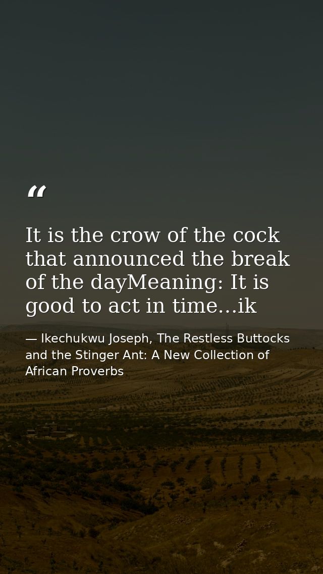 It is the crow of the cock that announced the break of the dayMeaning: It is good to act in time…ik — Ikechukwu Joseph, The Restless Buttocks and the Stinger Ant: A New Collection of African Proverbs