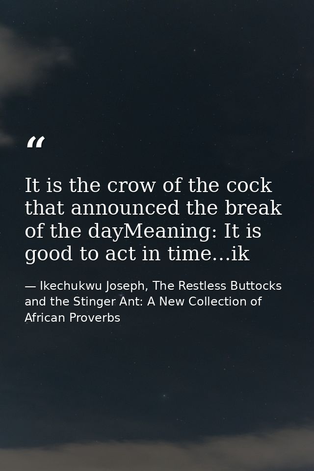 It is the crow of the cock that announced the break of the dayMeaning: It is good to act in time…ik — Ikechukwu Joseph, The Restless Buttocks and the Stinger Ant: A New Collection of African Proverbs