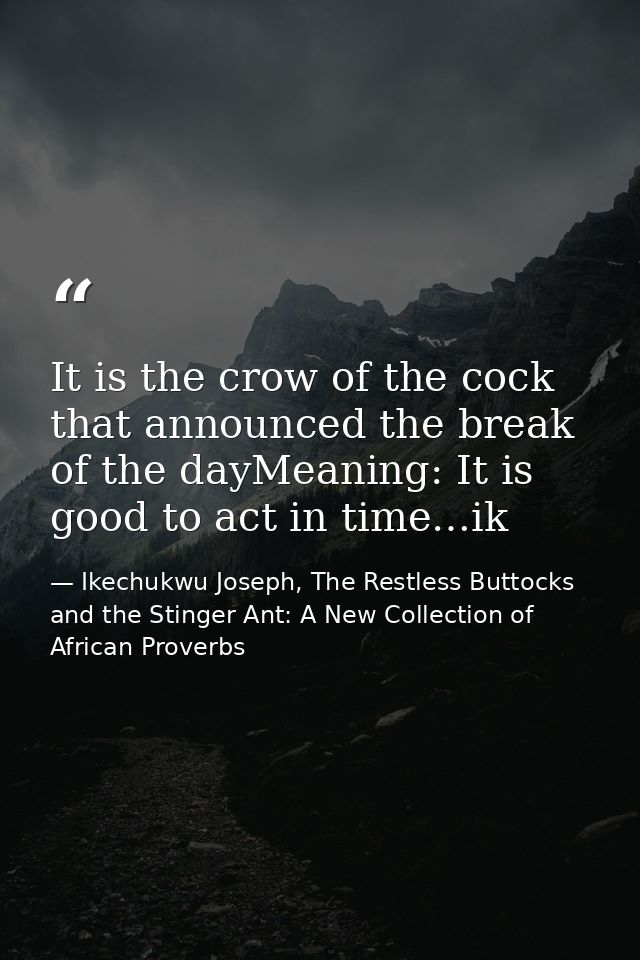 It is the crow of the cock that announced the break of the dayMeaning: It is good to act in time…ik — Ikechukwu Joseph, The Restless Buttocks and the Stinger Ant: A New Collection of African Proverbs
