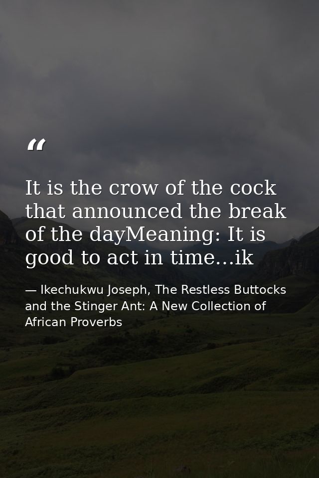 It is the crow of the cock that announced the break of the dayMeaning: It is good to act in time…ik — Ikechukwu Joseph, The Restless Buttocks and the Stinger Ant: A New Collection of African Proverbs
