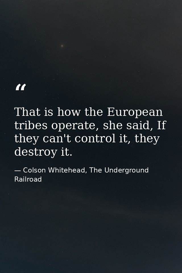 That is how the European tribes operate, she said, If they can't control it, they destroy it. — Colson Whitehead, The Underground Railroad