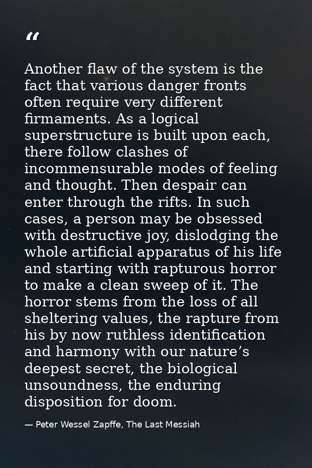 Another flaw of the system is the fact that various danger fronts often require very different firmaments. As a logical  — Peter Wessel Zapffe, The Last Messiah