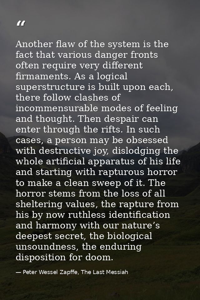 Another flaw of the system is the fact that various danger fronts often require very different firmaments. As a logical  — Peter Wessel Zapffe, The Last Messiah