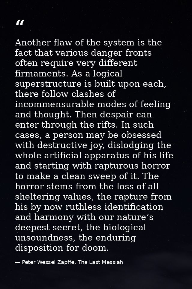 Another flaw of the system is the fact that various danger fronts often require very different firmaments. As a logical  — Peter Wessel Zapffe, The Last Messiah
