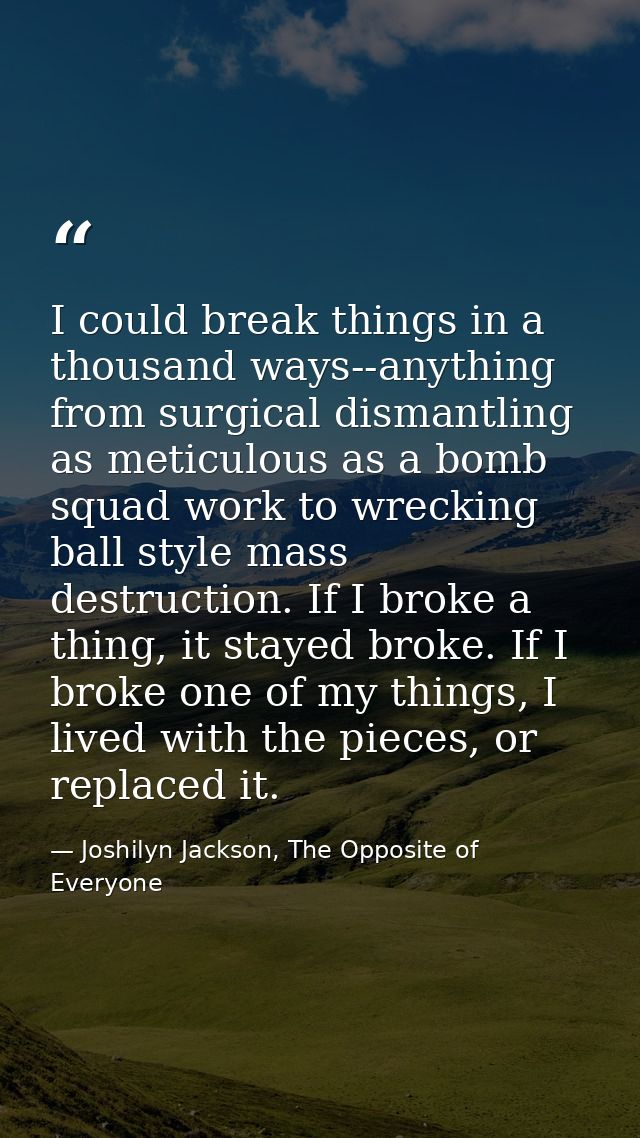 I could break things in a thousand ways--anything from surgical dismantling as meticulous as a bomb squad work to wrecki — Joshilyn Jackson, The Opposite of Everyone
