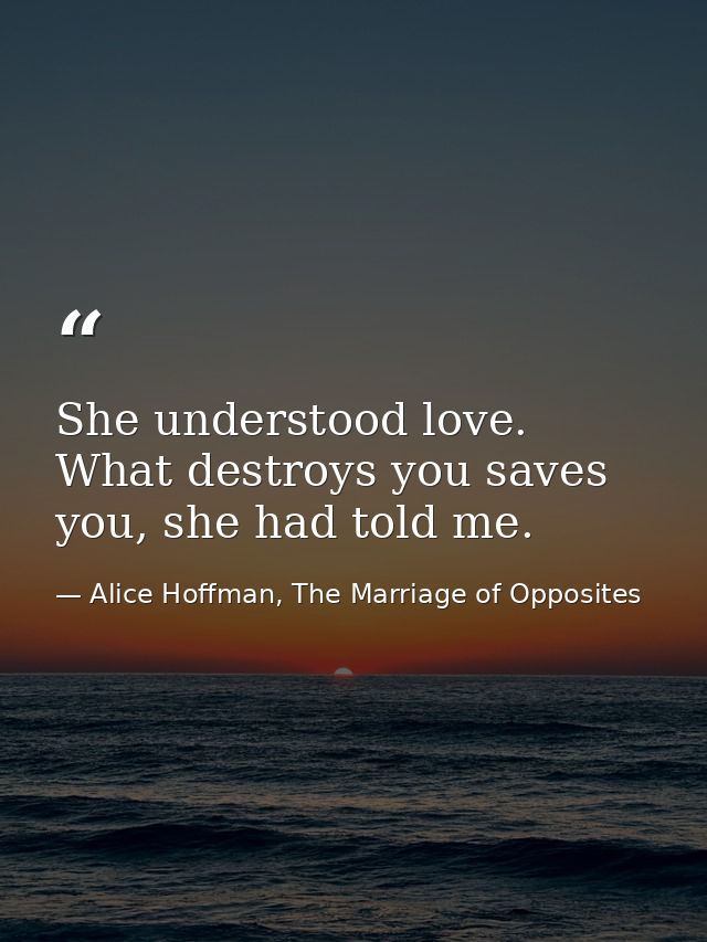 She understood love. What destroys you saves you, she had told me. — Alice Hoffman, The Marriage of Opposites