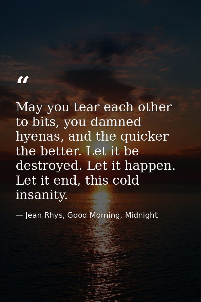 May you tear each other to bits, you damned hyenas, and the quicker the better. Let it be destroyed. Let it happen. Let  — Jean Rhys, Good Morning, Midnight