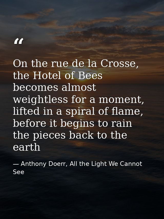 On the rue de la Crosse, the Hotel of Bees becomes almost weightless for a moment, lifted in a spiral of flame, before i — Anthony Doerr, All the Light We Cannot See