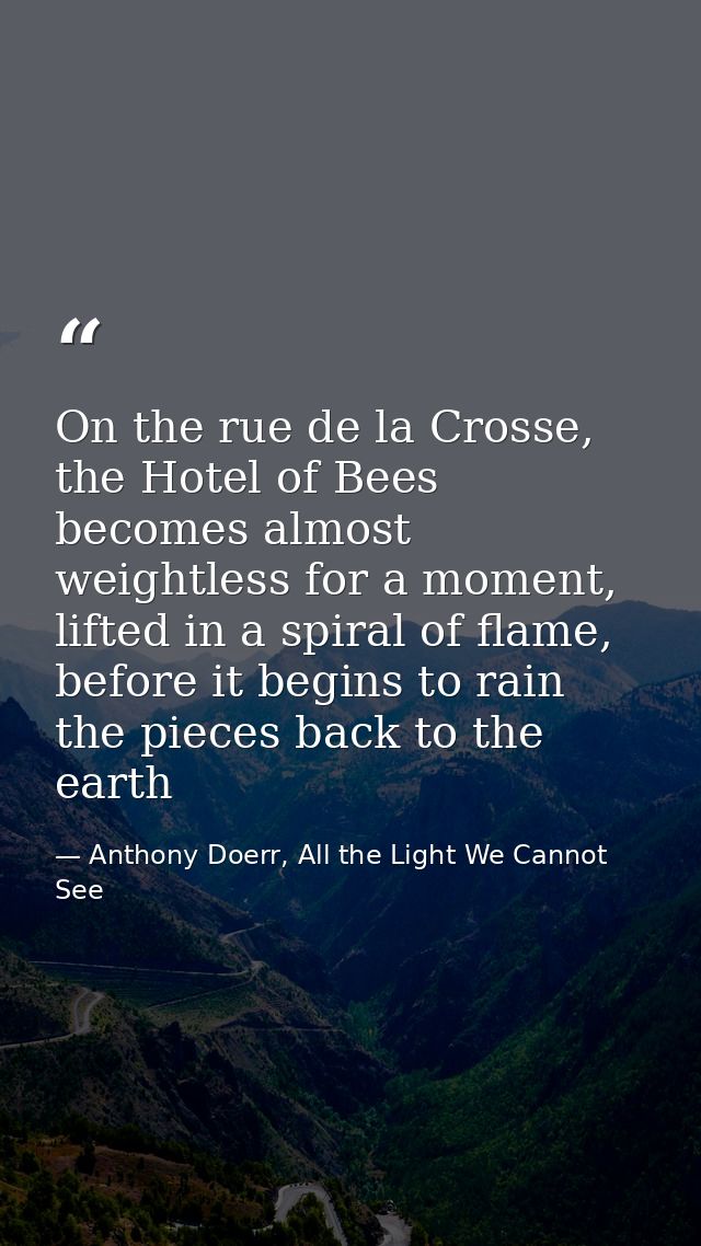 On the rue de la Crosse, the Hotel of Bees becomes almost weightless for a moment, lifted in a spiral of flame, before i — Anthony Doerr, All the Light We Cannot See