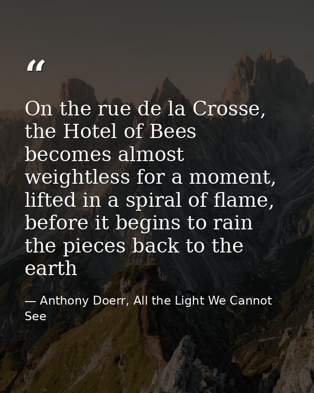 On the rue de la Crosse, the Hotel of Bees becomes almost weightless for a moment, lifted in a spiral of flame, before i — Anthony Doerr, All the Light We Cannot See