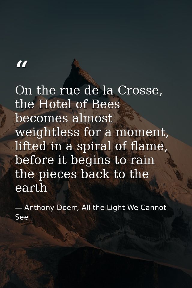 On the rue de la Crosse, the Hotel of Bees becomes almost weightless for a moment, lifted in a spiral of flame, before i — Anthony Doerr, All the Light We Cannot See