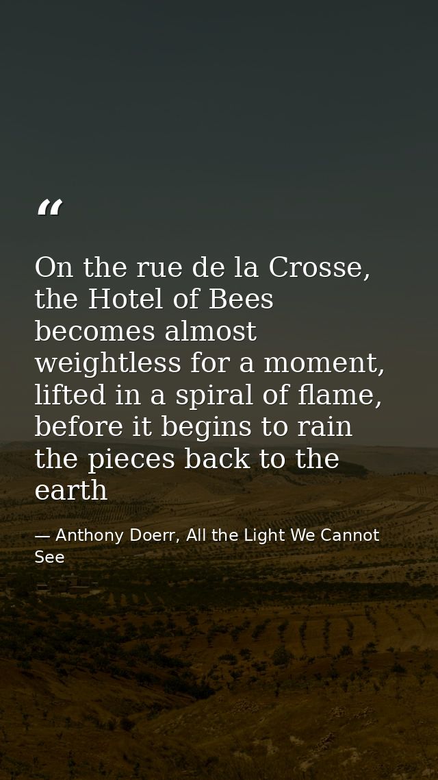 On the rue de la Crosse, the Hotel of Bees becomes almost weightless for a moment, lifted in a spiral of flame, before i — Anthony Doerr, All the Light We Cannot See