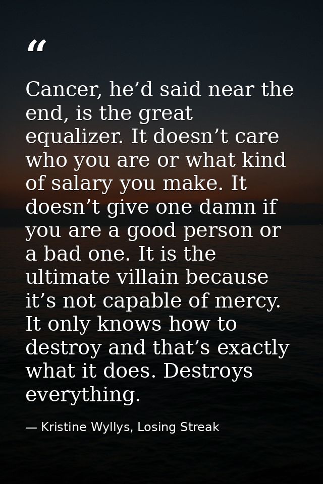 Cancer, he’d said near the end, is the great equalizer. It doesn’t care who you are or what kind of salary you make. It  — Kristine Wyllys, Losing Streak