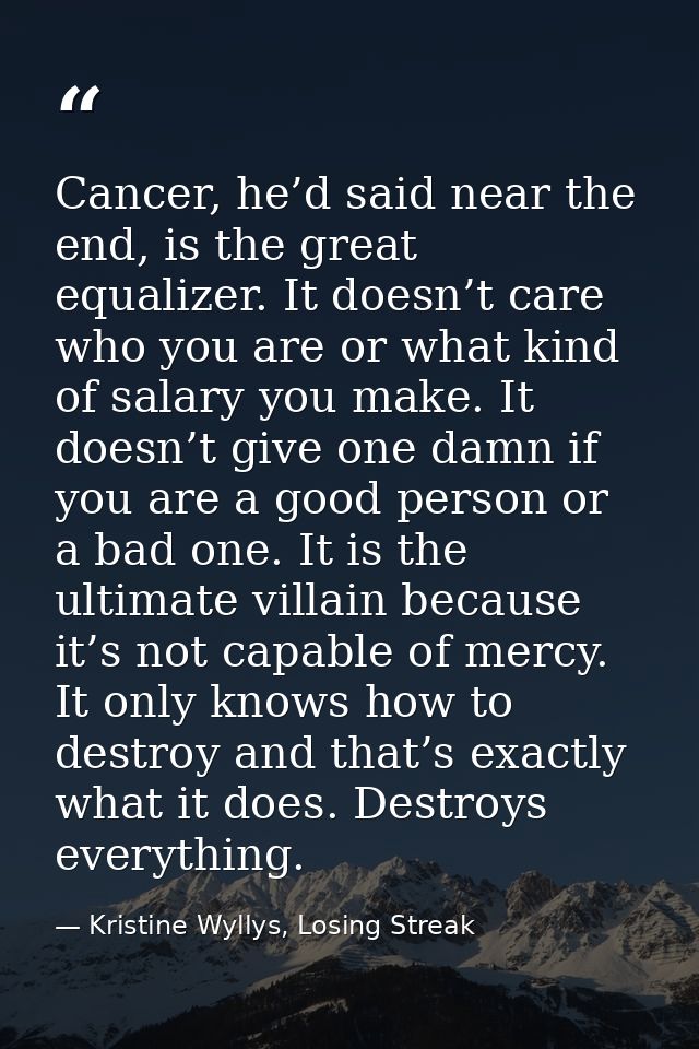 Cancer, he’d said near the end, is the great equalizer. It doesn’t care who you are or what kind of salary you make. It  — Kristine Wyllys, Losing Streak