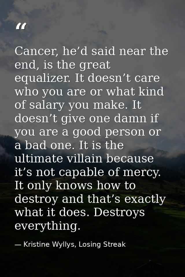 Cancer, he’d said near the end, is the great equalizer. It doesn’t care who you are or what kind of salary you make. It  — Kristine Wyllys, Losing Streak