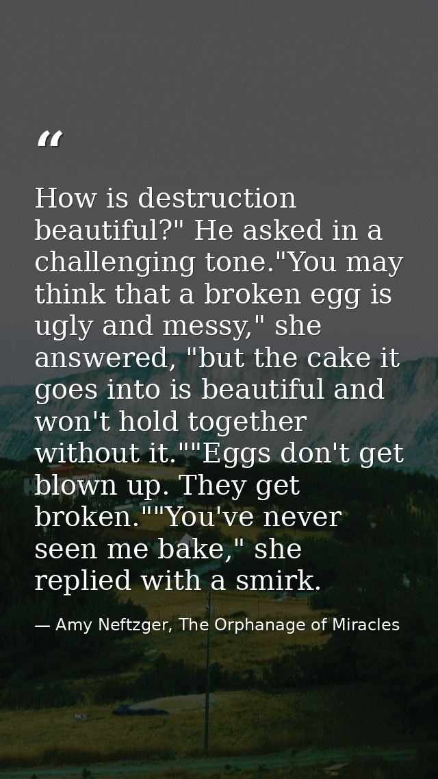 How is destruction beautiful?" He asked in a challenging tone."You may think that a broken egg is ugly and messy," she a — Amy Neftzger, The Orphanage of Miracles