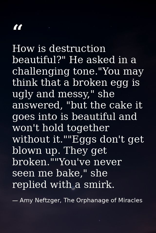 How is destruction beautiful?" He asked in a challenging tone."You may think that a broken egg is ugly and messy," she a — Amy Neftzger, The Orphanage of Miracles