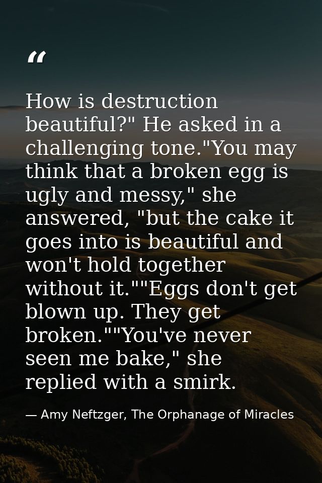 How is destruction beautiful?" He asked in a challenging tone."You may think that a broken egg is ugly and messy," she a — Amy Neftzger, The Orphanage of Miracles