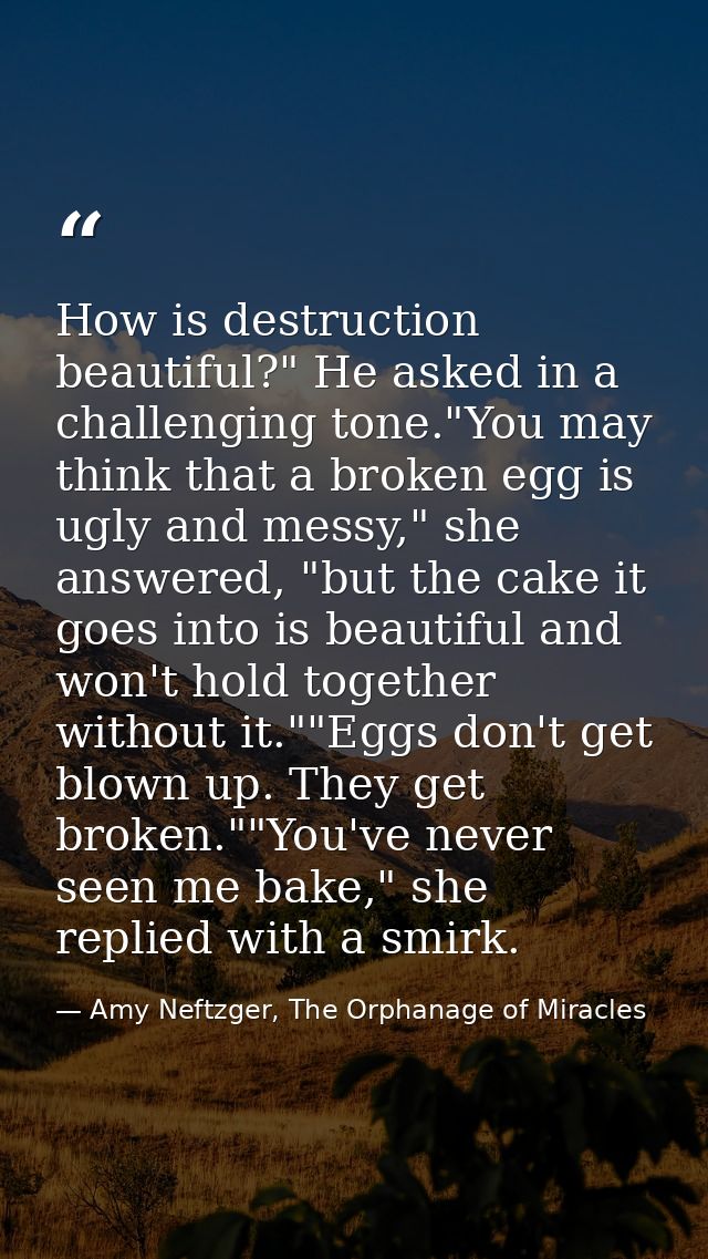 How is destruction beautiful?" He asked in a challenging tone."You may think that a broken egg is ugly and messy," she a — Amy Neftzger, The Orphanage of Miracles