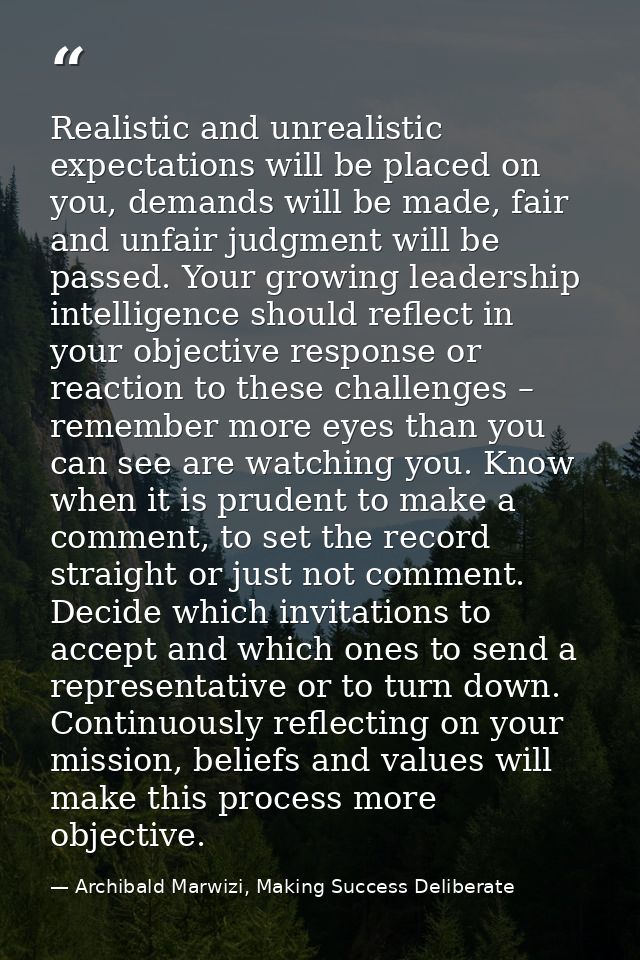 Realistic and unrealistic expectations will be placed on you, demands will be made, fair and unfair judgment will be pas — Archibald Marwizi, Making Success Deliberate