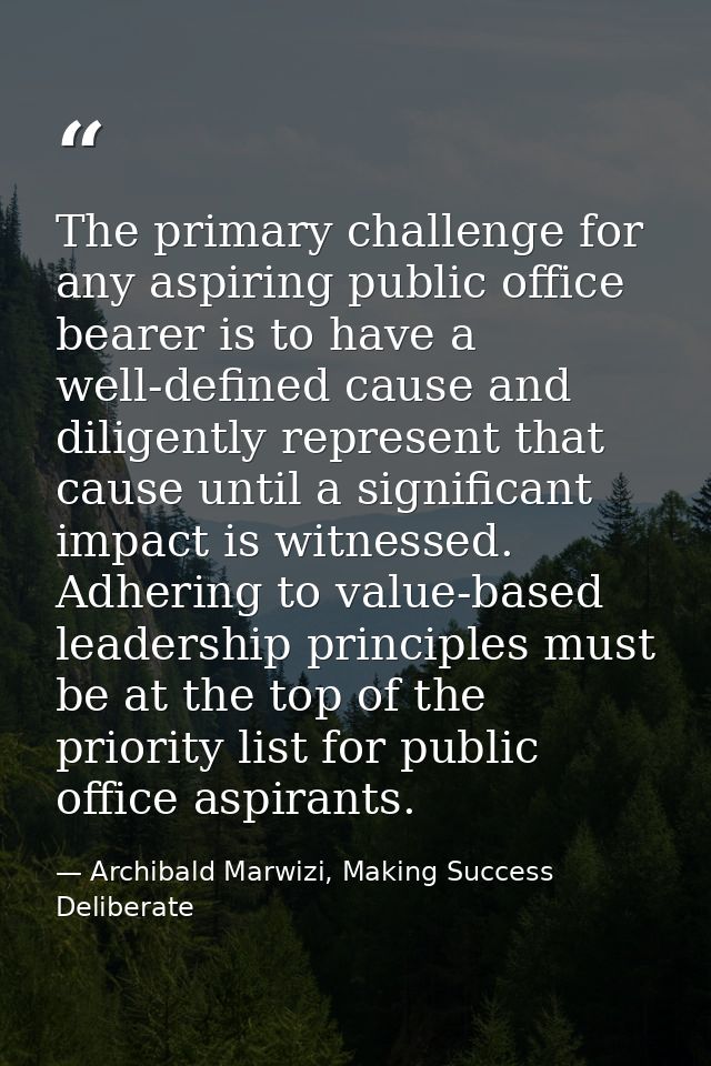 The primary challenge for any aspiring public office bearer is to have a well-defined cause and diligently represent tha — Archibald Marwizi, Making Success Deliberate